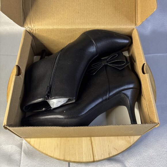 Ermonn Womens Pointed Toe Ankle Boots Stiletto Heels Side Zipper Bow Faux Suede - Picture 7 of 11